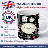 Personalized Custom Name Cute Kawaii Mixer Kettle Cups Fruit Black Background Seamless 11oz Ceramic Coffee Tea Mug White Large Handle