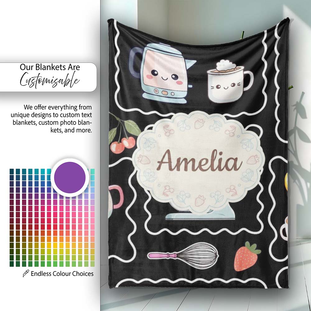 Cute Kawaii Mixer Kettle Cups Fruit Black Background Seamless  Personalised Custom Name Super Soft Fleece Blanket Bed Sofa Throw