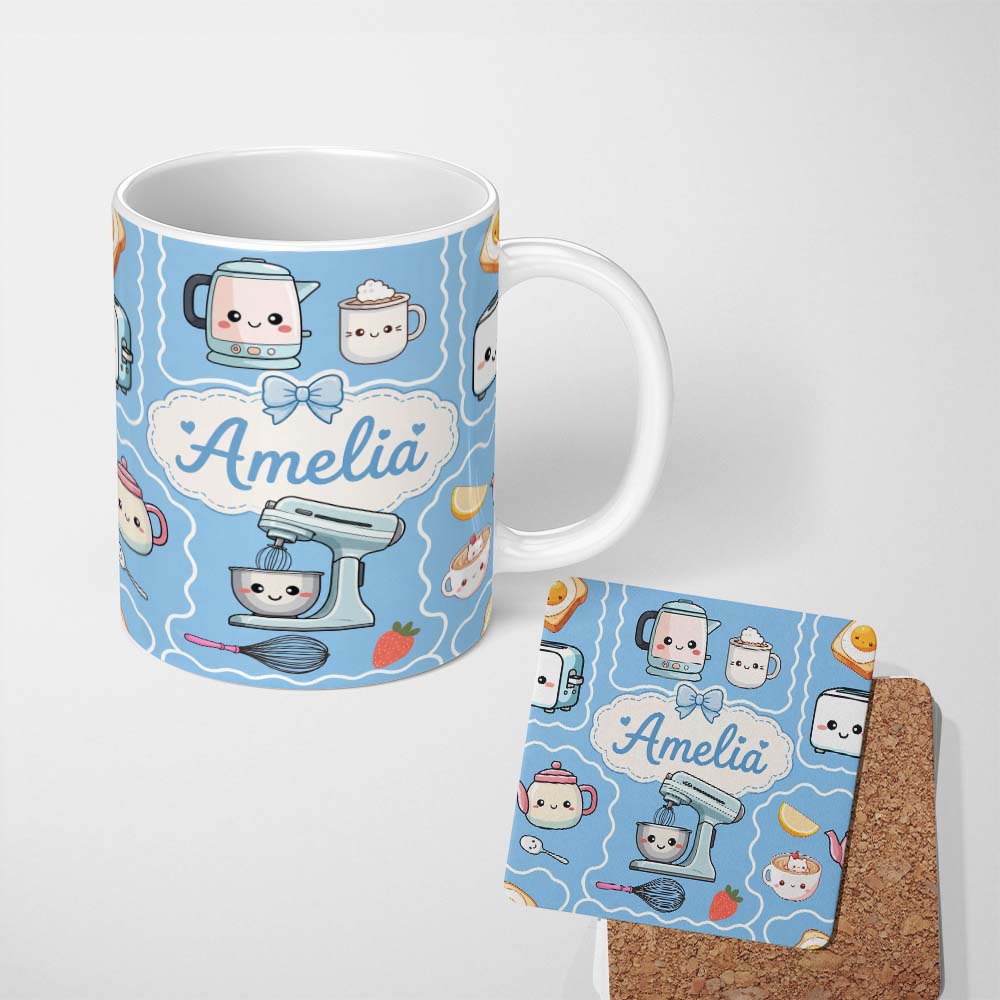 Personalized Custom Name Cute Kawaii Mixer Kettle Cups Fruit Blue Pattern Seamless Name 11oz Ceramic Coffee Tea Mug White Large Handle