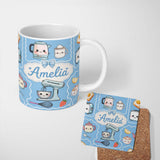 Personalized Custom Name Cute Kawaii Mixer Kettle Cups Fruit Blue Pattern Seamless Name 11oz Ceramic Coffee Tea Mug White Large Handle