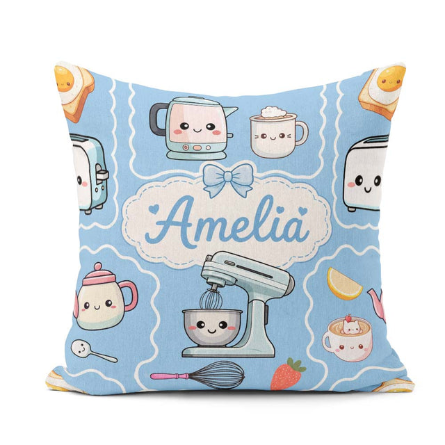 Custom Name Kawaii Mixer Kettle Cups Fruit Blue Pattern Seamless Square Filled Cushion Throw Pillow Sofa Bed Home Decor Zip Washable UK Made