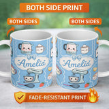 Personalized Custom Name Cute Kawaii Mixer Kettle Cups Fruit Blue Pattern Seamless Name 11oz Ceramic Coffee Tea Mug White Large Handle