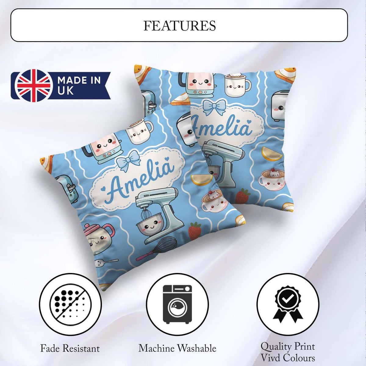 Custom Name Kawaii Mixer Kettle Cups Fruit Blue Pattern Seamless Square Filled Cushion Throw Pillow Sofa Bed Home Decor Zip Washable UK Made
