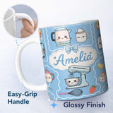 Personalized Custom Name Cute Kawaii Mixer Kettle Cups Fruit Blue Pattern Seamless Name 11oz Ceramic Coffee Tea Mug White Large Handle