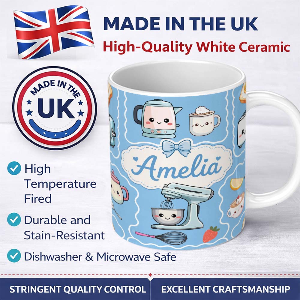 Personalized Custom Name Cute Kawaii Mixer Kettle Cups Fruit Blue Pattern Seamless Name 11oz Ceramic Coffee Tea Mug White Large Handle