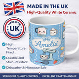 Personalized Custom Name Cute Kawaii Mixer Kettle Cups Fruit Blue Pattern Seamless Name 11oz Ceramic Coffee Tea Mug White Large Handle