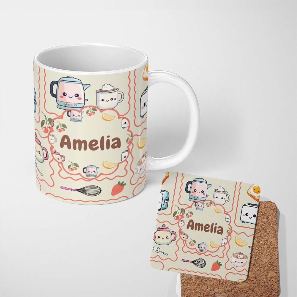 Personalized Custom Name Cute Kawaii Mixer Kettle Cups Fruit Beige Background Seamless 11oz Ceramic Coffee Tea Mug White Large Handle