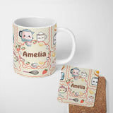 Personalized Custom Name Cute Kawaii Mixer Kettle Cups Fruit Beige Background Seamless 11oz Ceramic Coffee Tea Mug White Large Handle