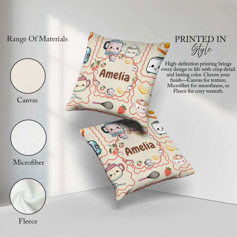 Custom Name Cute Kawaii Mixer Kettle Cups Fruit Beige Background Square Filled Cushion Throw Pillow Sofa Bed Home Decor Zip Washable UK Made