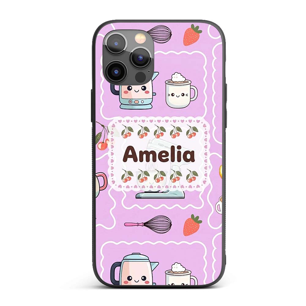 Cute Kawaii Mixer Kettle Cups Purple Background Custom Name Protective Phone Case Mobile Cover Durable Everyday Smartphone Shock Resistant
