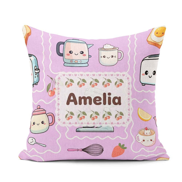 Custom Name Kawaii Mixer Kettle Cups Purple Background Seamless Square Filled Cushion Throw Pillow Sofa Bed Home Decor Zip Washable UK Made