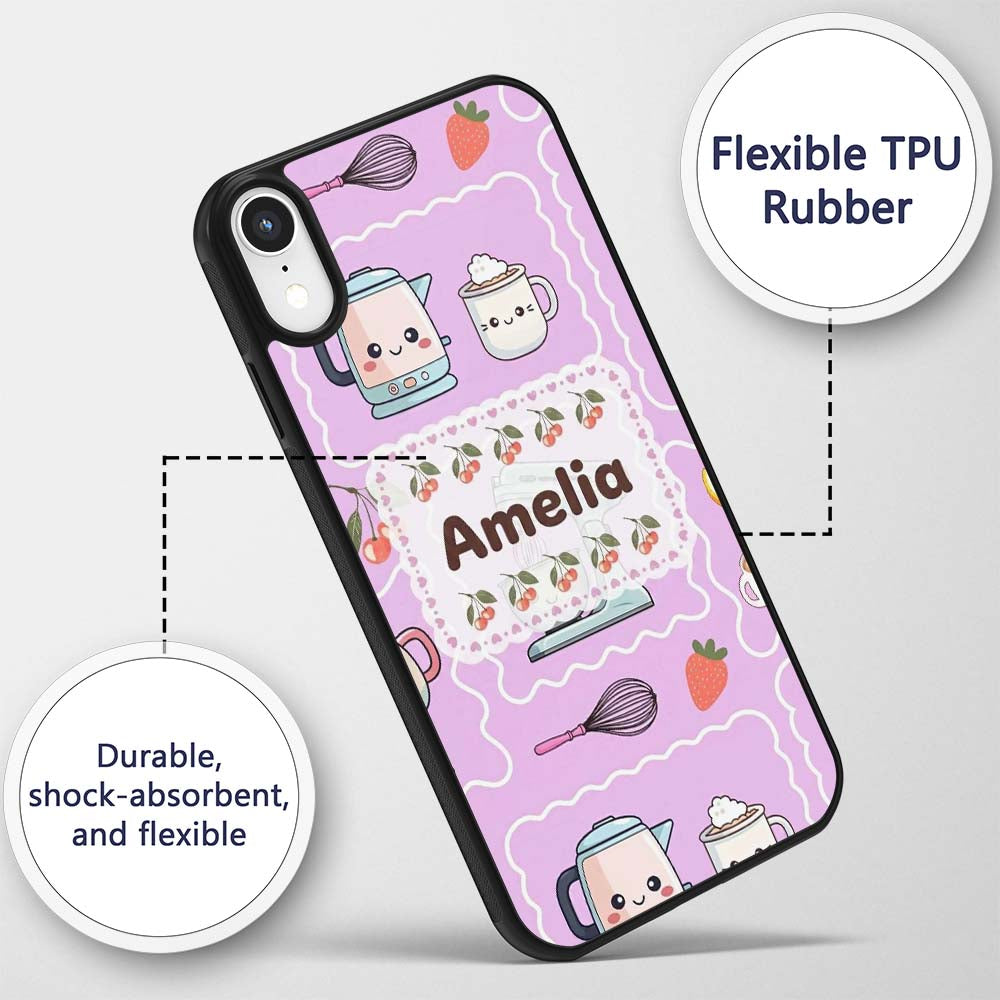 Cute Kawaii Mixer Kettle Cups Purple Background Custom Name Protective Phone Case Mobile Cover Durable Everyday Smartphone Shock Resistant
