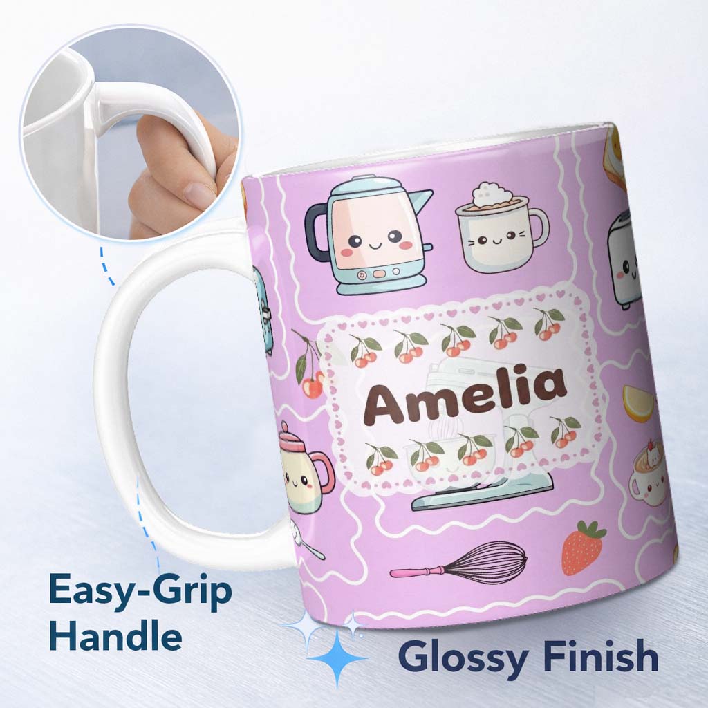 Personalized Custom Name Cute Kawaii Kitchen Mixer Kettle Cups Purple Background Seamless 11oz Ceramic Coffee Tea Mug White Large Handle