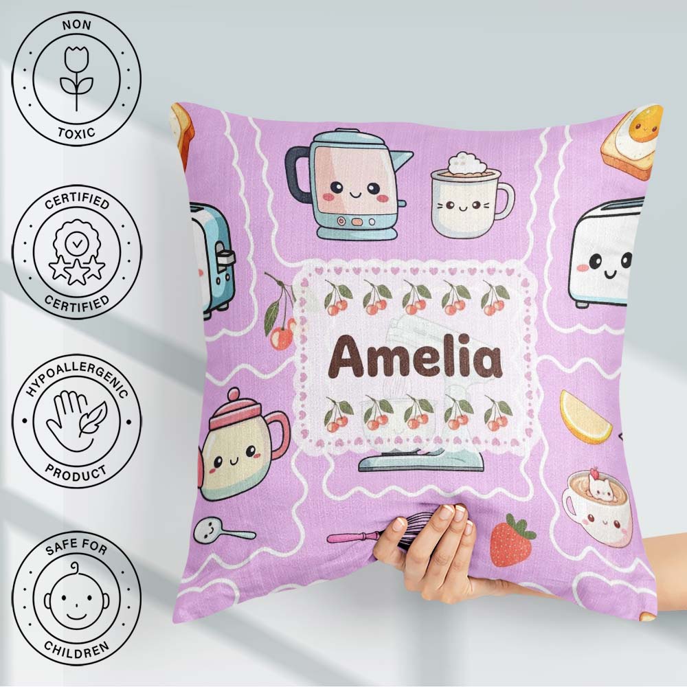 Custom Name Kawaii Mixer Kettle Cups Purple Background Seamless Square Filled Cushion Throw Pillow Sofa Bed Home Decor Zip Washable UK Made