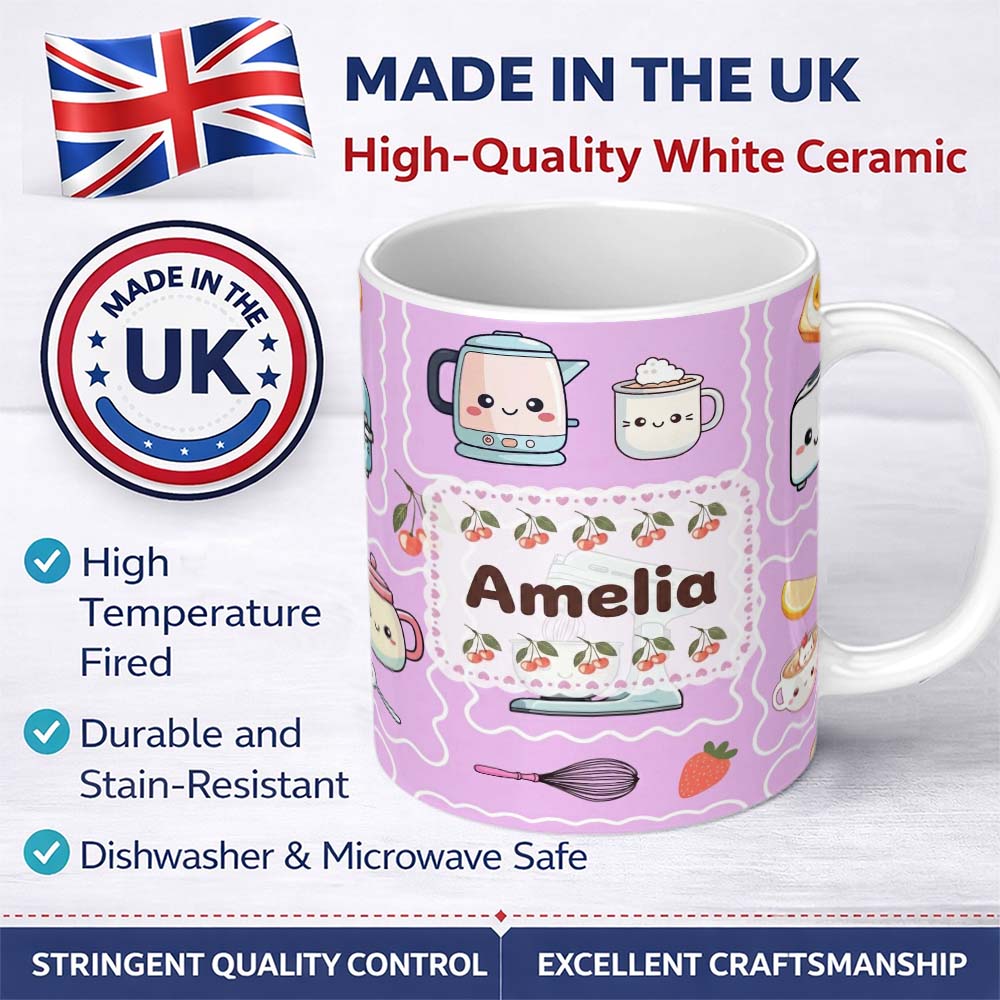 Personalized Custom Name Cute Kawaii Kitchen Mixer Kettle Cups Purple Background Seamless 11oz Ceramic Coffee Tea Mug White Large Handle