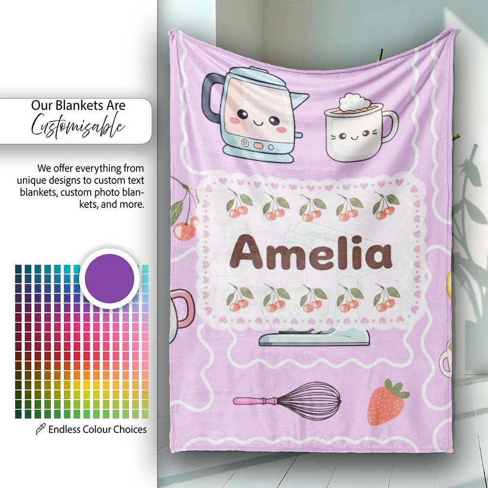 Cute Kawaii  Mixer Kettle Cups Purple Background Seamless  Personalised Custom Name Super Soft Fleece Blanket Bed Sofa Throw