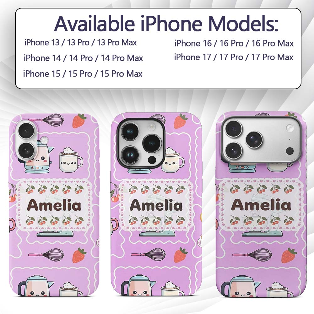 Cute Kawaii Mixer Kettle Cups Purple Background Custom Name Protective Phone Case Mobile Cover Durable Everyday Smartphone Shock Resistant