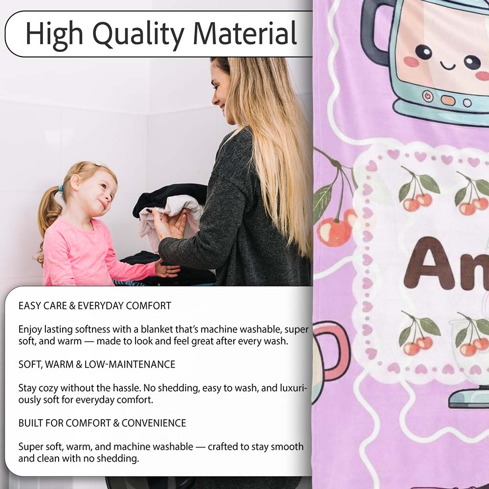 Cute Kawaii  Mixer Kettle Cups Purple Background Seamless  Personalised Custom Name Super Soft Fleece Blanket Bed Sofa Throw