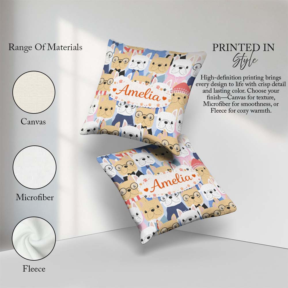 Custom Name French Bulldog Dogs Fashion Outfit Seamless Pattern Square Filled Cushion Throw Pillow Sofa Bed Home Decor Zip Washable UK Made