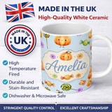 Personalized Custom Name Cute Watercolor Pumpkins and Candy Sweets on Soft Blue Background 11oz Ceramic Coffee Tea Mug White Large Handle