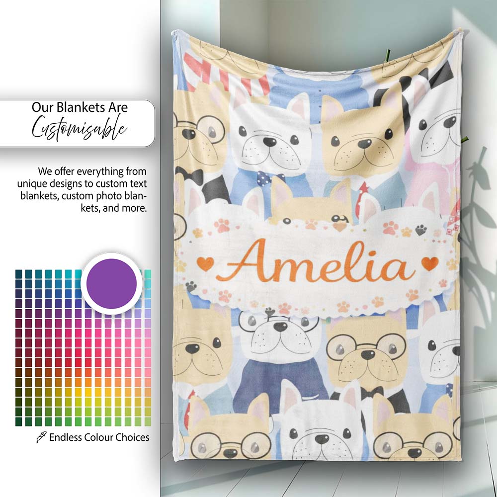 Stylish French Bulldog Dogs Fashion Outfit Seamless Pattern Lovely  Personalised Custom Name Super Soft Fleece Blanket Bed Sofa Throw
