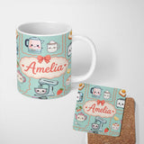 Personalized Custom Name Cute Kawaii Kitchen Mixer Kettle Cups Mint Background Seamless 11oz Ceramic Coffee Tea Mug White Large Handle
