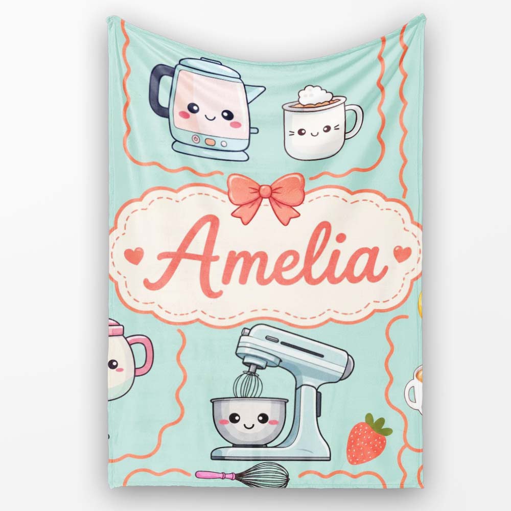 Cute Kawaii  Mixer Kettle Cups Mint Background Seamless  Personalised Custom Name Super Soft Fleece Blanket Bed Sofa Throw