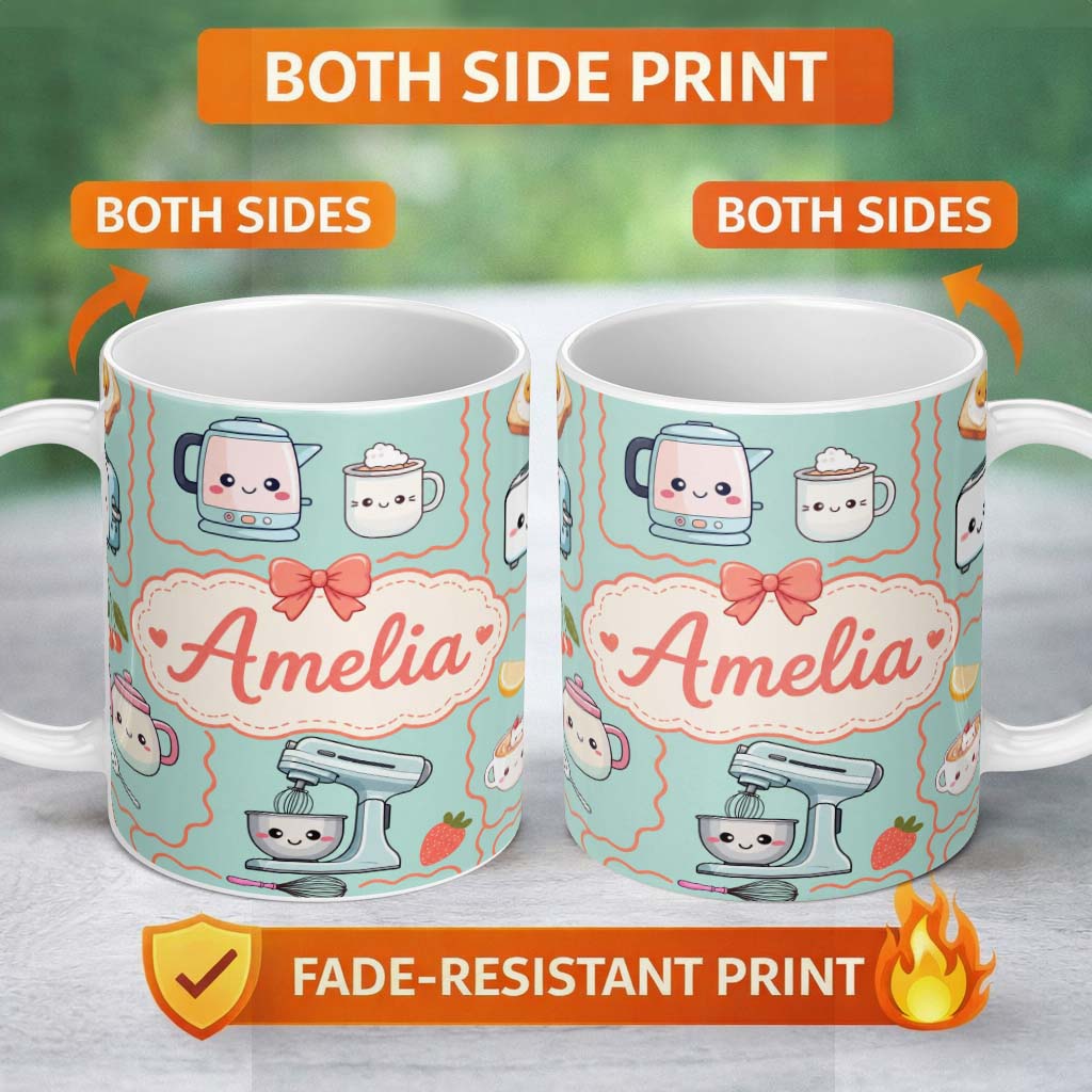 Personalized Custom Name Cute Kawaii Kitchen Mixer Kettle Cups Mint Background Seamless 11oz Ceramic Coffee Tea Mug White Large Handle