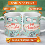 Personalized Custom Name Cute Kawaii Kitchen Mixer Kettle Cups Mint Background Seamless 11oz Ceramic Coffee Tea Mug White Large Handle