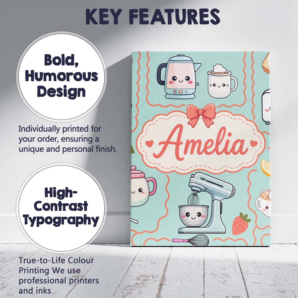 Personalised Name Cute Kawaii Mixer Kettle Custom  Unique Gift Idea Elegant Feature Canvas Wall Art Print Decor Picture Ready to Hang