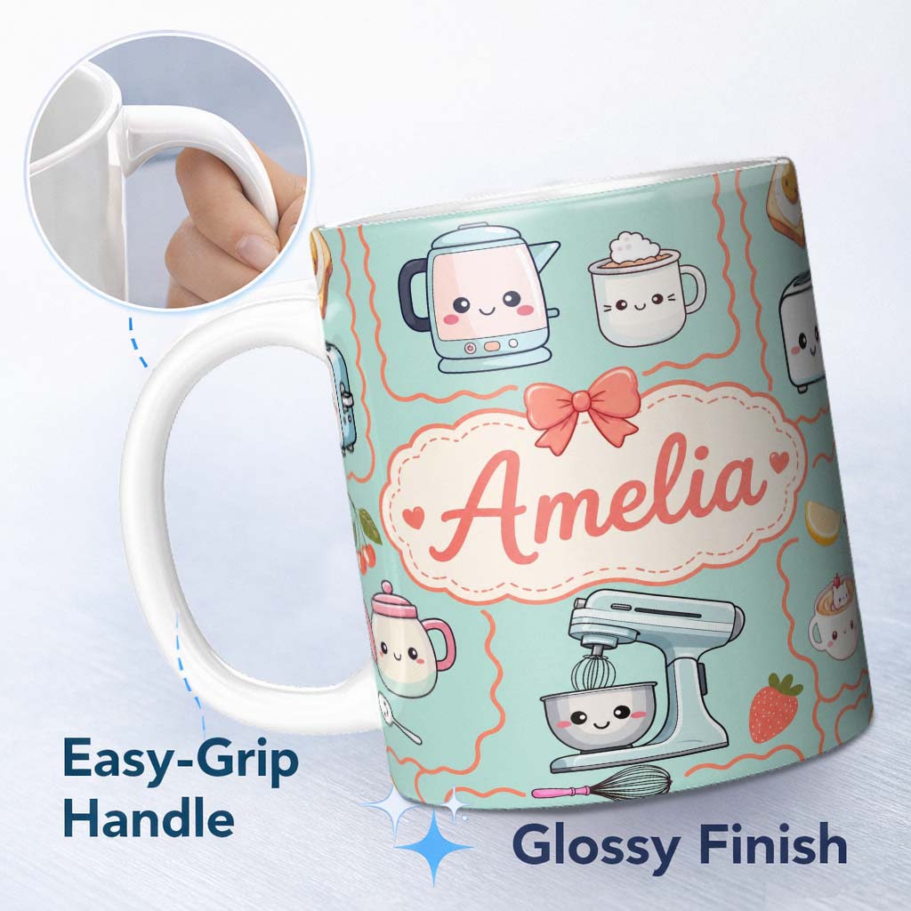 Personalized Custom Name Cute Kawaii Kitchen Mixer Kettle Cups Mint Background Seamless 11oz Ceramic Coffee Tea Mug White Large Handle