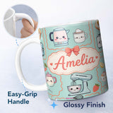 Personalized Custom Name Cute Kawaii Kitchen Mixer Kettle Cups Mint Background Seamless 11oz Ceramic Coffee Tea Mug White Large Handle