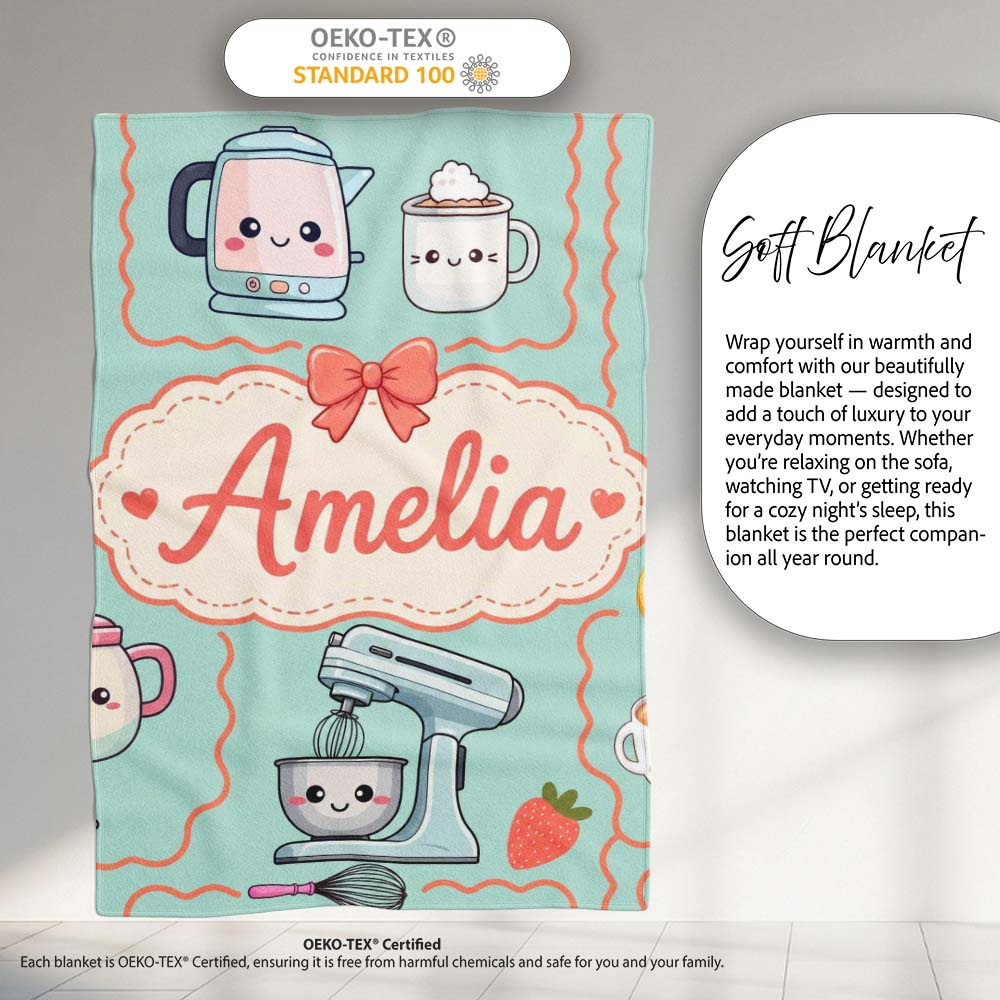 Cute Kawaii  Mixer Kettle Cups Mint Background Seamless  Personalised Custom Name Super Soft Fleece Blanket Bed Sofa Throw