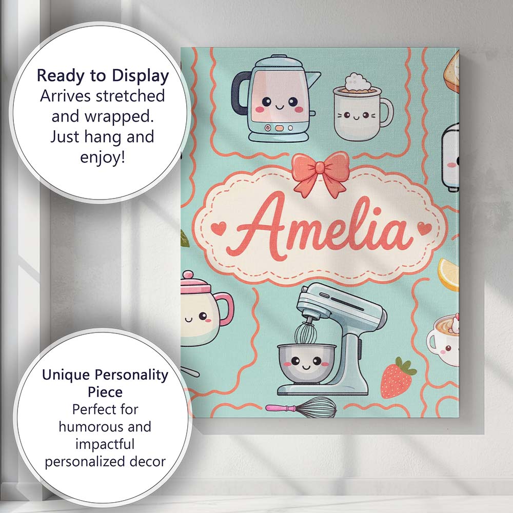 Personalised Name Cute Kawaii Mixer Kettle Custom  Unique Gift Idea Elegant Feature Canvas Wall Art Print Decor Picture Ready to Hang