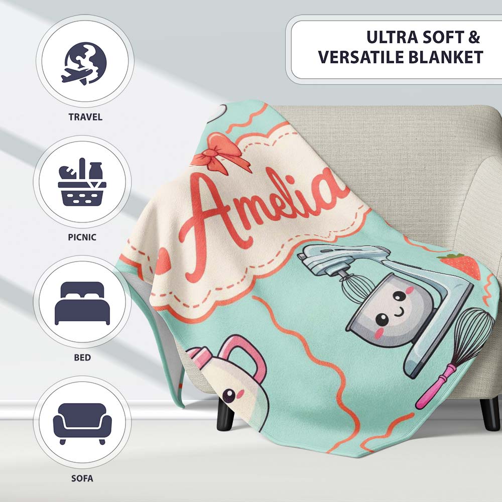 Cute Kawaii  Mixer Kettle Cups Mint Background Seamless  Personalised Custom Name Super Soft Fleece Blanket Bed Sofa Throw