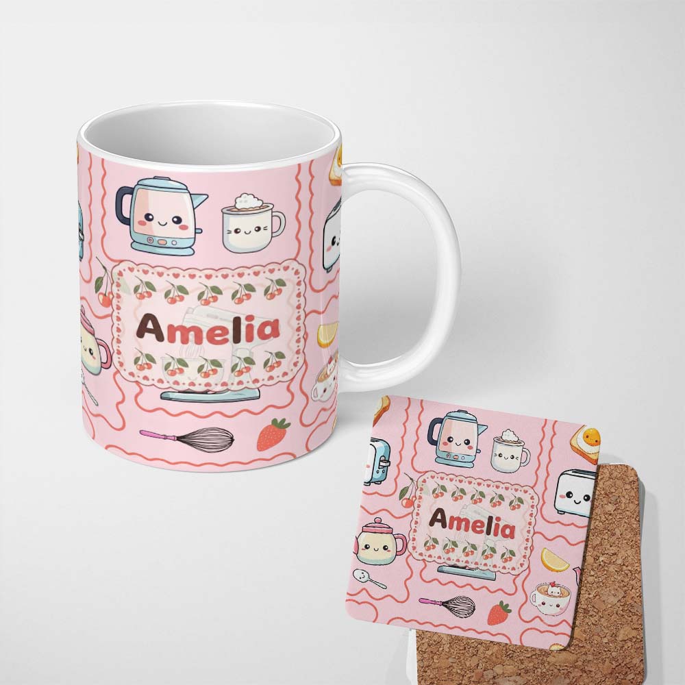 Personalized Custom Name Cute Kawaii Kitchen Mixer Kettle Cups Pink Background Seamless 11oz Ceramic Coffee Tea Mug White Large Handle
