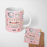 Personalized Custom Name Cute Kawaii Kitchen Mixer Kettle Cups Pink Background Seamless 11oz Ceramic Coffee Tea Mug White Large Handle