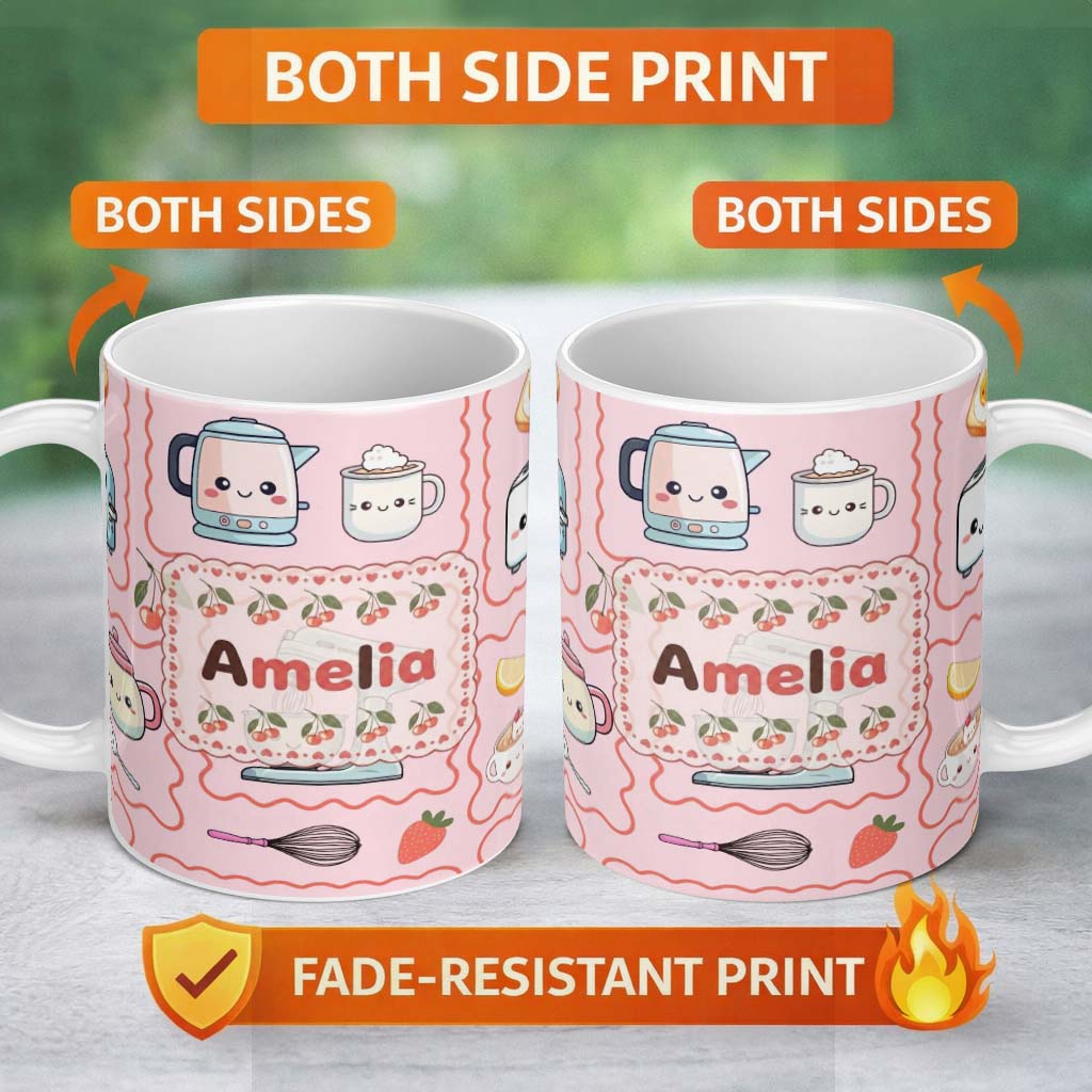 Personalized Custom Name Cute Kawaii Kitchen Mixer Kettle Cups Pink Background Seamless 11oz Ceramic Coffee Tea Mug White Large Handle