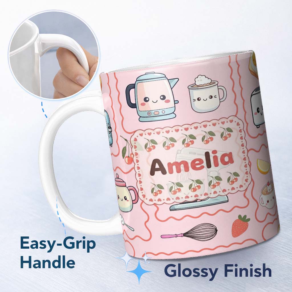Personalized Custom Name Cute Kawaii Kitchen Mixer Kettle Cups Pink Background Seamless 11oz Ceramic Coffee Tea Mug White Large Handle