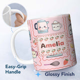 Personalized Custom Name Cute Kawaii Kitchen Mixer Kettle Cups Pink Background Seamless 11oz Ceramic Coffee Tea Mug White Large Handle