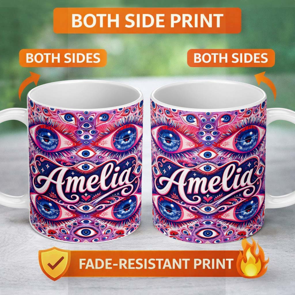 Personalized Custom Name Psychedelic Multiple Eyes Seamless Pattern Vibrant Surreal Repeating 11oz Ceramic Coffee Tea Mug White Large Handle