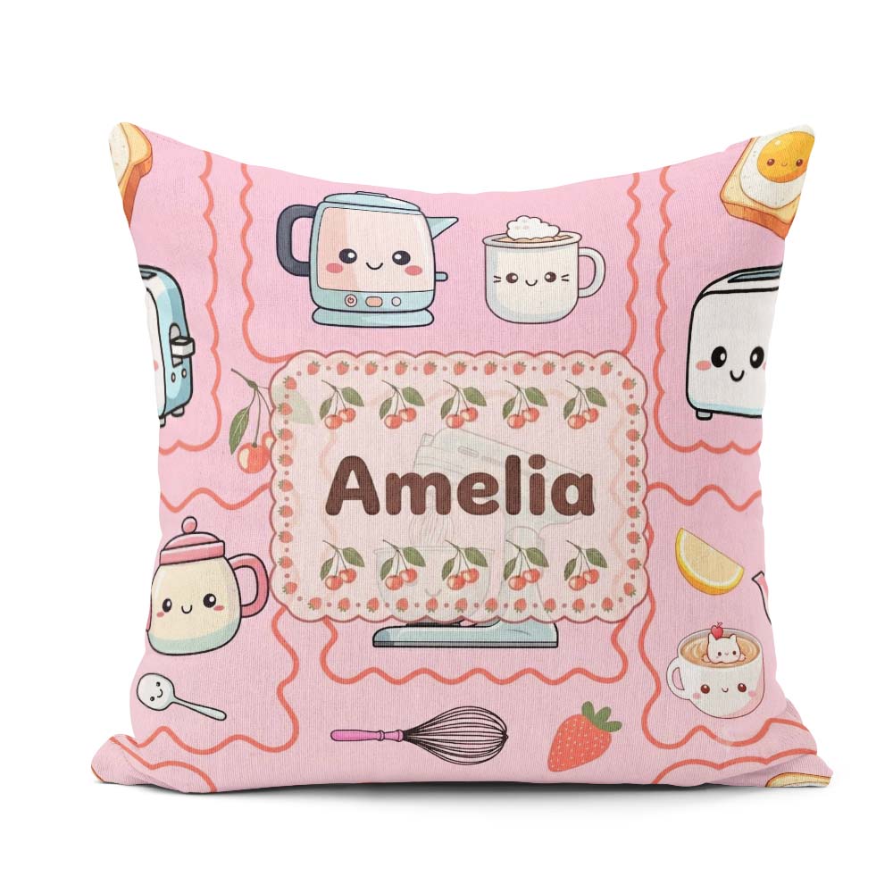 Custom Name Kawaii Mixer Kettle Cups Blush Background Seamless Square Filled Cushion Throw Pillow Sofa Bed Home Decor Zip Washable UK Made
