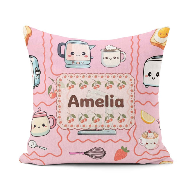 Custom Name Kawaii Mixer Kettle Cups Blush Background Seamless Square Filled Cushion Throw Pillow Sofa Bed Home Decor Zip Washable UK Made