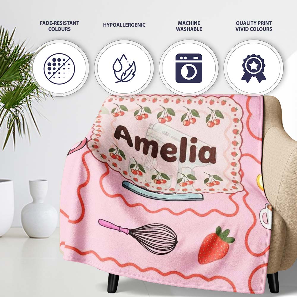 Cute Kawaii  Mixer Kettle Cups Blush Background Seamless  Personalised Custom Name Super Soft Fleece Blanket Bed Sofa Throw