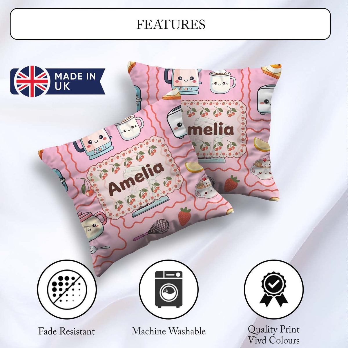 Custom Name Kawaii Mixer Kettle Cups Blush Background Seamless Square Filled Cushion Throw Pillow Sofa Bed Home Decor Zip Washable UK Made
