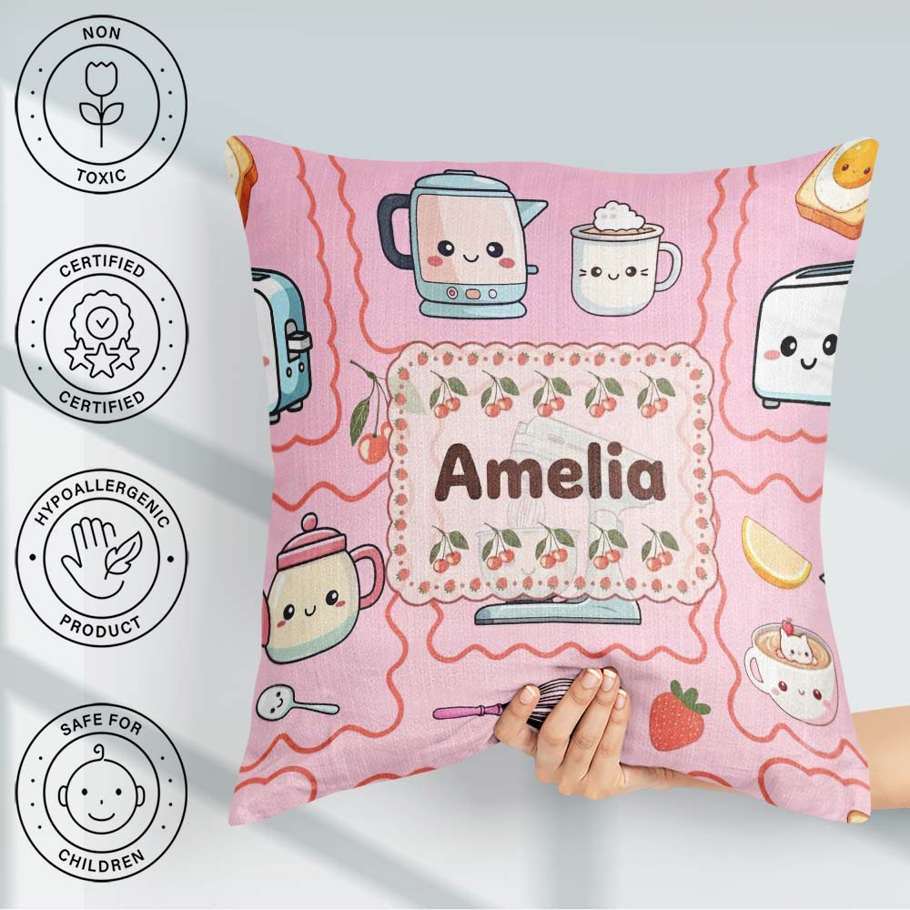 Custom Name Kawaii Mixer Kettle Cups Blush Background Seamless Square Filled Cushion Throw Pillow Sofa Bed Home Decor Zip Washable UK Made
