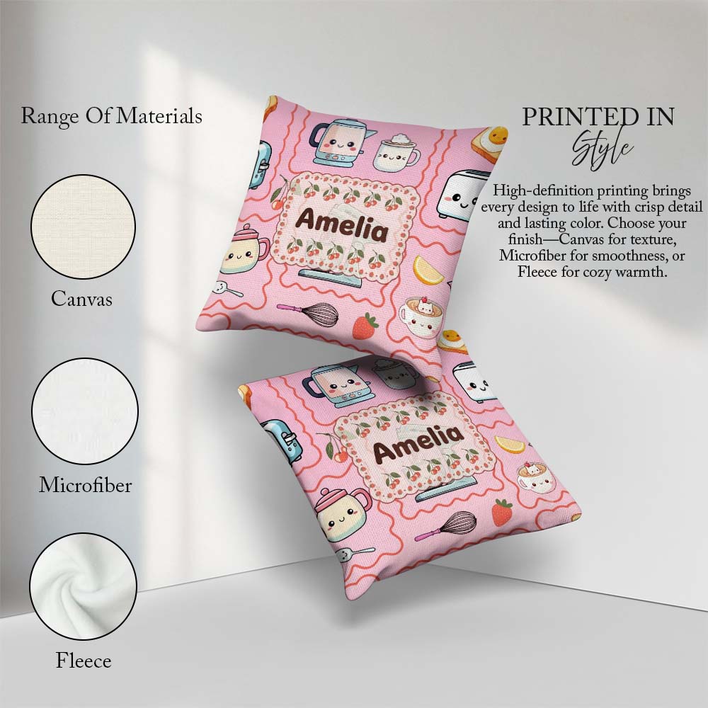 Custom Name Kawaii Mixer Kettle Cups Blush Background Seamless Square Filled Cushion Throw Pillow Sofa Bed Home Decor Zip Washable UK Made