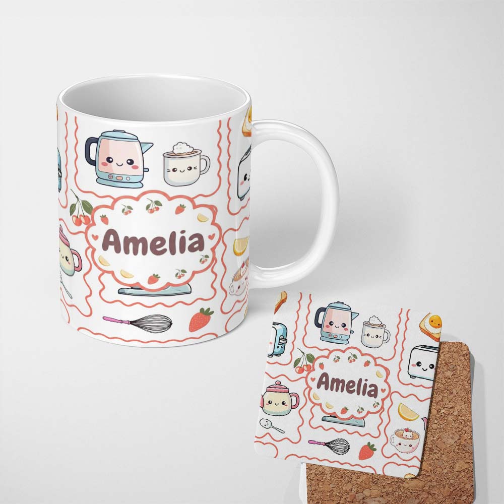 Personalized Custom Name Cute Kawaii Kitchen Mixer Kettle Cups Grey Background Seamless 11oz Ceramic Coffee Tea Mug White Large Handle