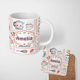 Personalized Custom Name Cute Kawaii Kitchen Mixer Kettle Cups Grey Background Seamless 11oz Ceramic Coffee Tea Mug White Large Handle