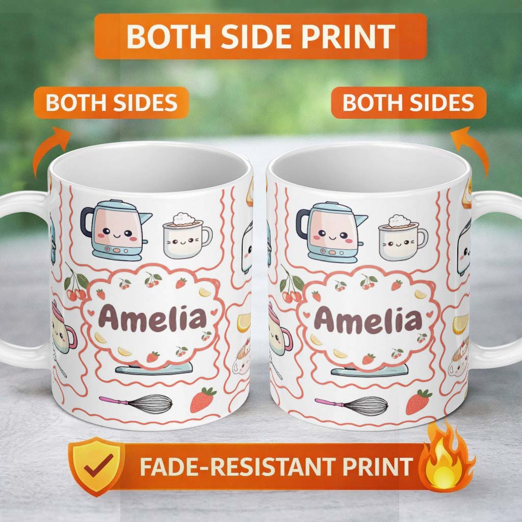 Personalized Custom Name Cute Kawaii Kitchen Mixer Kettle Cups Grey Background Seamless 11oz Ceramic Coffee Tea Mug White Large Handle